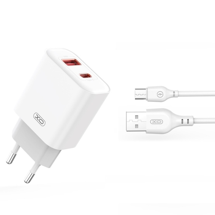 XO väggladdare CE12 PD QC3.0 20W 1x USB 1x USB-C vit + USB - microUSB-kabel in de groep SMARTPHONE & TABLETS / Opladers & Kabels / Wandoplader / Wandoplader microUSB bij TP E-commerce Nordic AB (C79274)