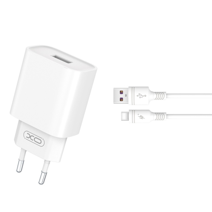 XO väggladdare CE02D QC 3.0 18W 1x USB vit + USB-C-kabel in de groep SMARTPHONE & TABLETS / Opladers & Kabels / Wandoplader / Wandoplader Type C bij TP E-commerce Nordic AB (C79284)