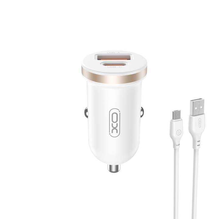 XO billaddare CC56 PD 30W QC 1x USB 1x USB-C vit + USB - microUSB-kabel in de groep SMARTPHONE & TABLETS / Opladers & Kabels / Autoladers bij TP E-commerce Nordic AB (C79287)