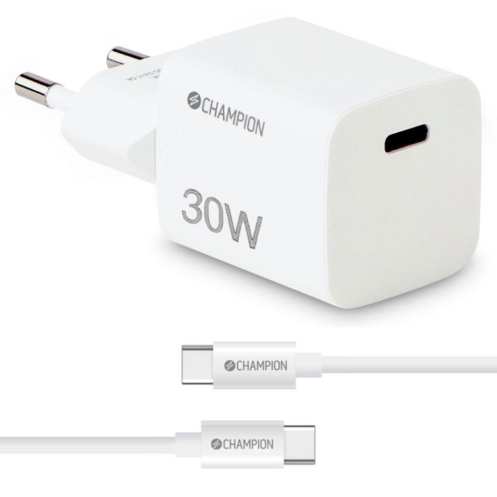 Champion Laddare 30W + USB-C Kabel Vit in de groep SMARTPHONE & TABLETS / Opladers & Kabels / Wandoplader / Wandoplader Type C bij TP E-commerce Nordic AB (C81442)