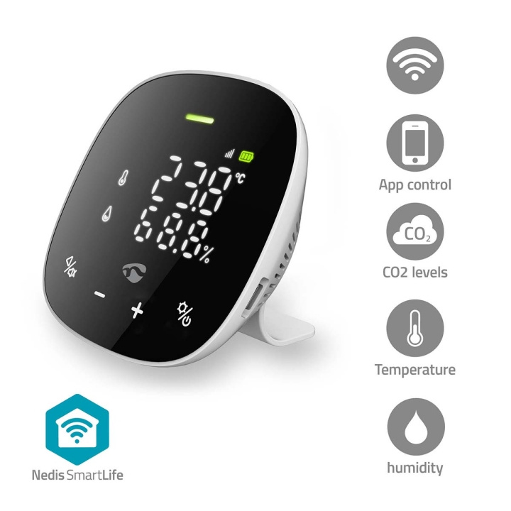 Nedis SmartLife Luchtkwaliteitsmonitor | Wi-Fi | Inclusief display | Koolstofdioxide (CO2) / Temperatuur / Vochtigheid | Android™ / IOS | Wit / Zwart in de groep HUISHOUDEN & TUIN / Smart home / Slimme sensoren bij TP E-commerce Nordic AB (C82813)