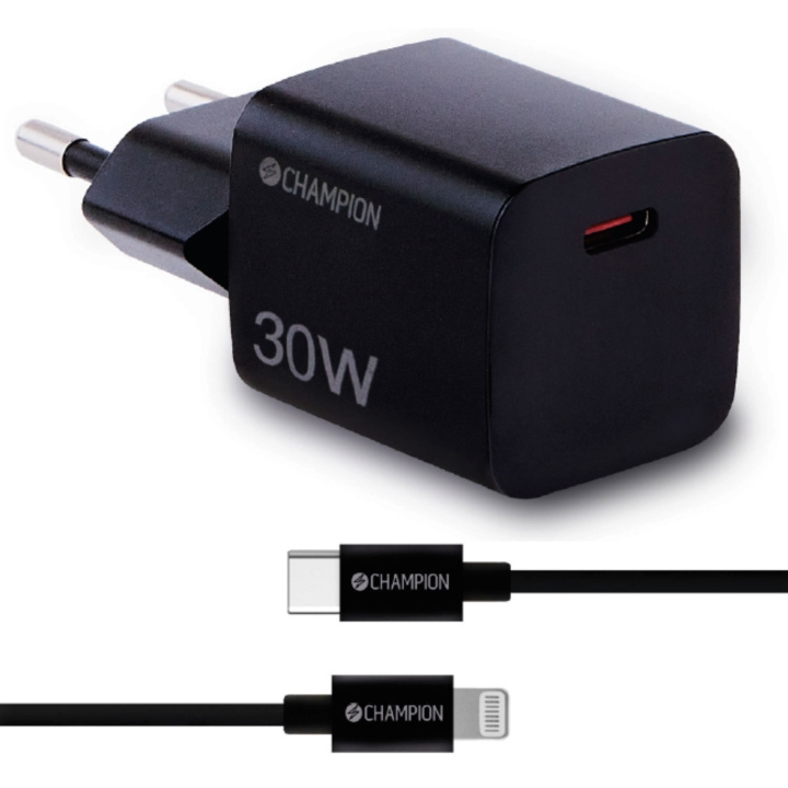 Champion Laddare 30W + USB-C till Lightning Kabel Svart in de groep SMARTPHONE & TABLETS / Opladers & Kabels / Wandoplader / Wandoplader Lightning bij TP E-commerce Nordic AB (C82816)