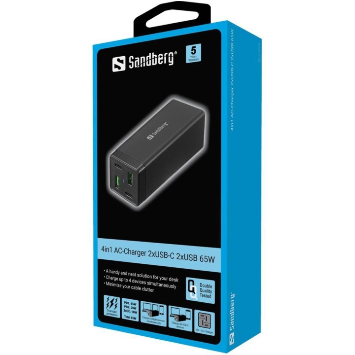 Sandberg 4in1 Oplader 2xUSB-C 2xUSB 65W in de groep COMPUTERS & RANDAPPARATUUR / Computeraccessoires / USB-hubs bij TP E-commerce Nordic AB (C86291)