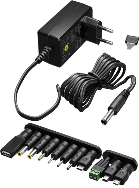 Goobay Universalnätdel 3 V - 12 V, max. 18 W inkl. 11 adaptrar: 7 DC-adaptrar plus USB-C™, USB-A, USB Mini-B, Micro-USB och terminalblock in de groep HUISHOUDEN & TUIN / Elektriciteit & Verlichting / Stroomadapters bij TP E-commerce Nordic AB (C86877)