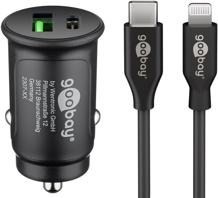 Goobay Dual USB snabbladdare för bil Lightning (27 W) laddningsadapter för bil med 1x USB-C™ och 1x USB-A, USB-C™ Lightning-kabel, 1 m, svart in de groep SMARTPHONE & TABLETS / Opladers & Kabels / Autoladers / Autoladers Lightning bij TP E-commerce Nordic AB (C86940)