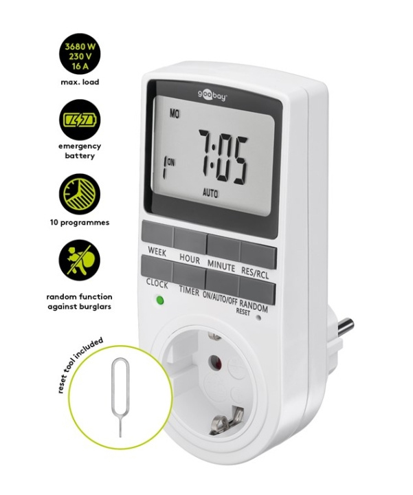 Goobay Digital timer programmerbar timer med kontakt med skyddsjord (typ F) in de groep HUISHOUDEN & TUIN / Elektriciteit & Verlichting / Timers bij TP E-commerce Nordic AB (C86941)