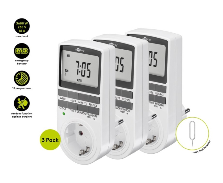 Goobay Digital timer, set om 3 programmerbar timer med kontakt med skyddsjord (typ F) in de groep HUISHOUDEN & TUIN / Elektriciteit & Verlichting / Timers bij TP E-commerce Nordic AB (C86964)