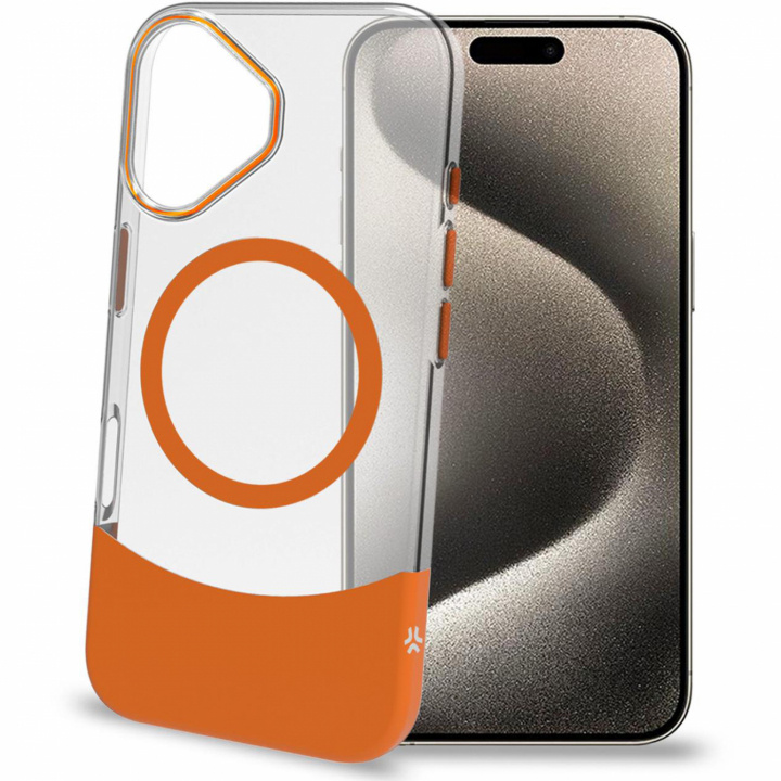 Celly Magdual MagSafe-kompatibelt skal iPhone 16 Orange + Transparent in de groep SMARTPHONE & TABLETS / Mobielbescherming / Apple / iPhone 16 bij TP E-commerce Nordic AB (C88239)