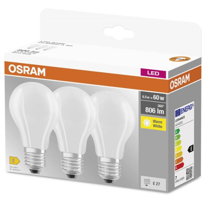 LEDVANCE OSRAM LED BASE standaard mat 806lm 6,5W/827 (60W) E27 3-pak in de groep HOME ELECTRONICS / Verlichting / LED-lampen bij TP E-commerce Nordic AB (C92666)