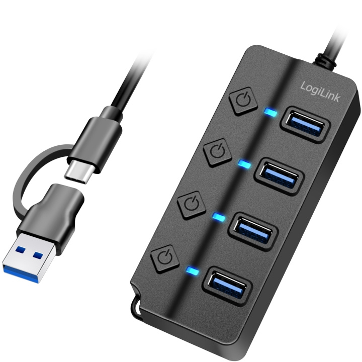 LogiLink USB-hub 4-port med separata På/Av-knappar USB-C/USB-A in USB 3.2 Gen1 in de groep COMPUTERS & RANDAPPARATUUR / Computeraccessoires / USB-hubs bij TP E-commerce Nordic AB (C93480)