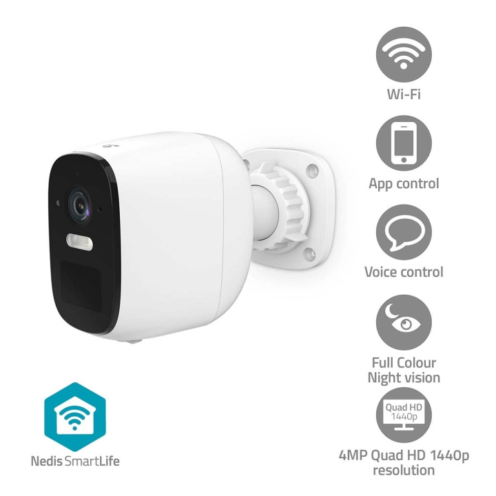 Nedis SmartLife Camera voor Buiten | Wi-Fi | Spotlight | 4MP Quad HD 1440p / 2560x1440 | Pan tilt | IP66 | Max. batterijduur: 10 Maanden | Cloud Opslag (optioneel) / microSD (niet inbegrepen) | 5 V DC | Met bewegingssensor | Nachtzicht | Wit in de groep HUISHOUDEN & TUIN / Alarm & Beveiliging / Beveiligingscamera\'s / Digitaal (netwerk) / Buitencamera\'s bij TP E-commerce Nordic AB (C94857)