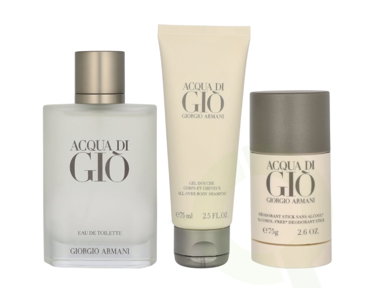 Armani Acqua Di Gio Pour Homme Giftset 250 ml Edt Spray 100ml/Body Shampoo 75ml/Deo Stick 75gr in de groep BEAUTY & HEALTH / Cadeausets / Cadeausets voor hem bij TP E-commerce Nordic AB (C99881)