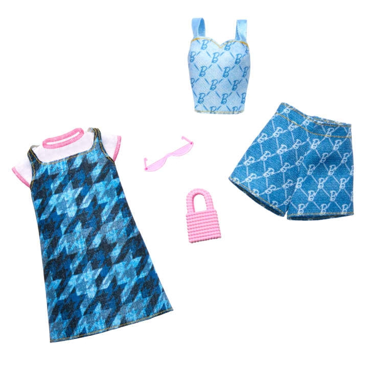 Barbie Fashion 2-pack - Blauwe denim jurk, top en korte broek, roze zonnebril en tasje (HRH45) in de groep SPEELGOED, KINDER- & BABYPRODUCTEN / Speelgoed / Docks & Accessoires bij TP E-commerce Nordic AB (D04725)