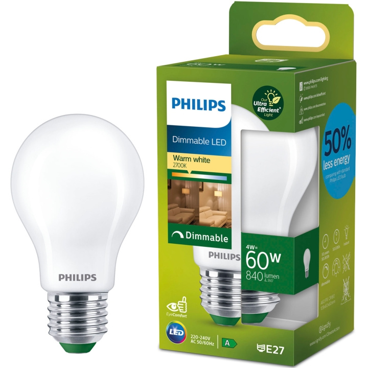 Philips LED E27 Normal A60 4W (60W) Frostad 840lm Dimbar 2700K Energiklass A in de groep HOME ELECTRONICS / Verlichting / LED-lampen bij TP E-commerce Nordic AB (D05505)