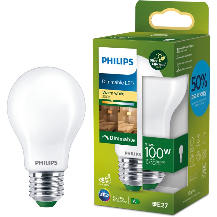 Philips LED E27 Normal A60 7,3W (100W) Frostad 1535lm Dimbar 2700K Energiklass A in de groep HOME ELECTRONICS / Verlichting / LED-lampen bij TP E-commerce Nordic AB (D05506)