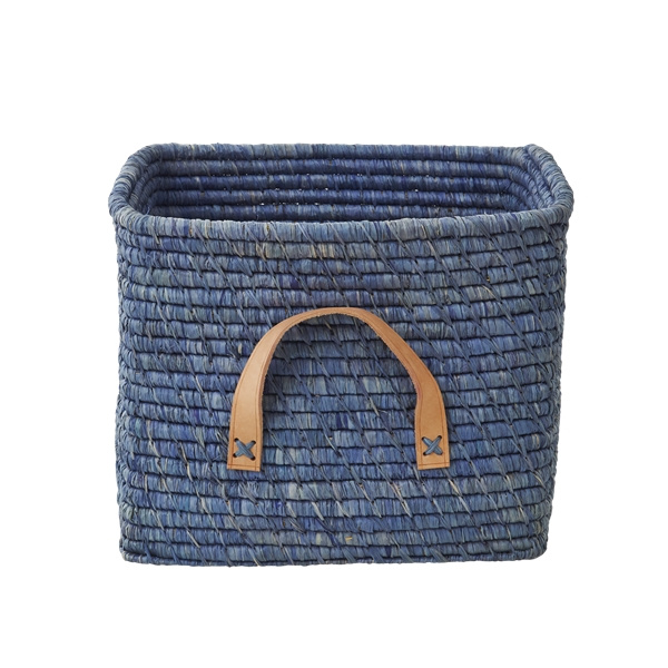 RICE Kleine vierkante mand van raffia met leren handvaten - Blauw in de groep SPEELGOED, KINDER- & BABYPRODUCTEN / Kinderkamer / Opslag bij TP E-commerce Nordic AB (D06469)