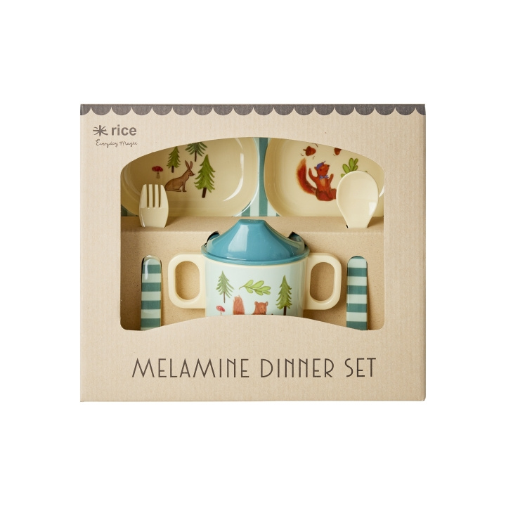 RICE Melamine Baby Diner Set - Blauw Happy Forest Print - 4 stuks in de groep SPEELGOED, KINDER- & BABYPRODUCTEN / Eten & Drinken / Kinderservies bij TP E-commerce Nordic AB (D06729)