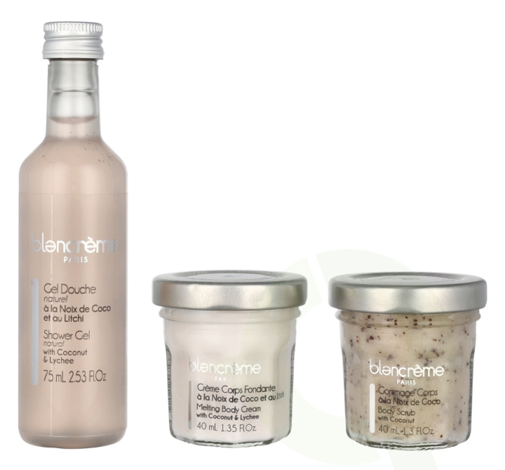 Blancreme Body Essentials Trio Set 155 ml Shower Gel 75ml/Body Scrub 40ml/Body Cream 40ml - Coconut & Lychee in de groep BEAUTY & HEALTH / Huidsverzorging / Lichaamsverzorging / Bad- en douchegels bij TP E-commerce Nordic AB (D07965)