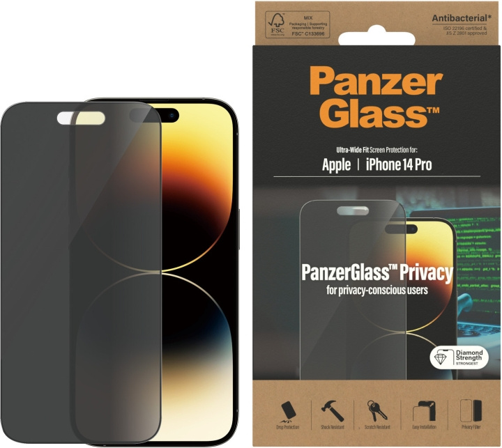 PanzerGlass Ultra Wide Fit Privacy-schermbeschermer, iPhone 14 Pro, zwarte rand in de groep SMARTPHONE & TABLETS / Mobielbescherming / Apple / iPhone 14 bij TP E-commerce Nordic AB (D13459)