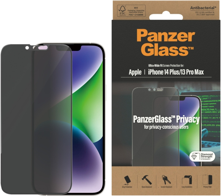 PanzerGlass Privacy-schermbeschermer, iPhone 14 Plus / 13 Pro Max, zwarte rand in de groep SMARTPHONE & TABLETS / Mobielbescherming / Apple / iPhone 14 bij TP E-commerce Nordic AB (D13460)