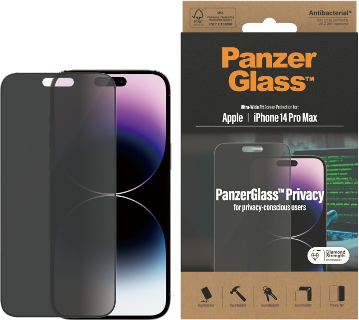 PanzerGlass Ultra Wide Fit Privacy-schermbeschermer, iPhone 14 Pro Max, zwarte rand in de groep SMARTPHONE & TABLETS / Mobielbescherming / Apple / iPhone 14 bij TP E-commerce Nordic AB (D13461)