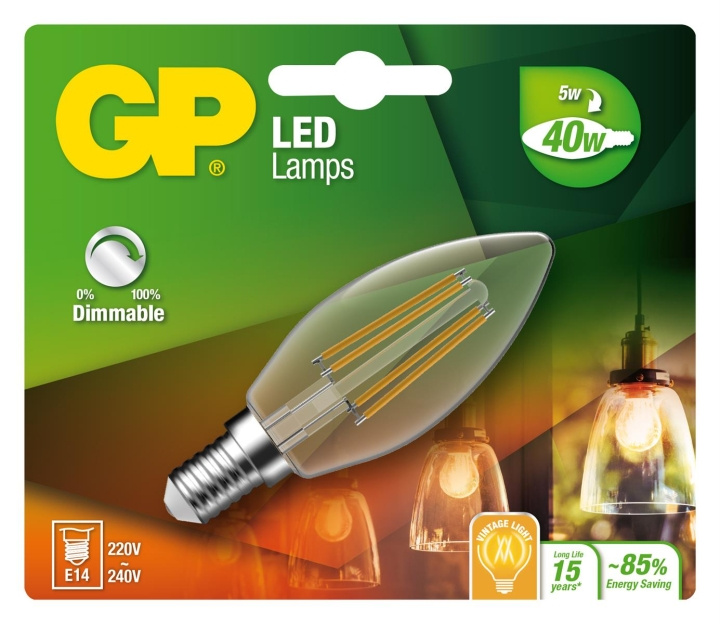 GP LED Lamp Filament Mini Kaars, E14, DIM, 5W (40W), 470lm in de groep HOME ELECTRONICS / Verlichting / LED-lampen bij TP E-commerce Nordic AB (D14214)