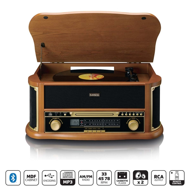 Lenco Retro skivspelare i trä med Bluetooth® AM/FM-radio USB-kodning CD-spelare kassettspelare och inbyggda högtalare in de groep HOME ELECTRONICS / Audio & Beeld / Thuisbioscoop, Hifi en Draagbaar / Compacte stereo- en platenspelers bij TP E-commerce Nordic AB (D14627)