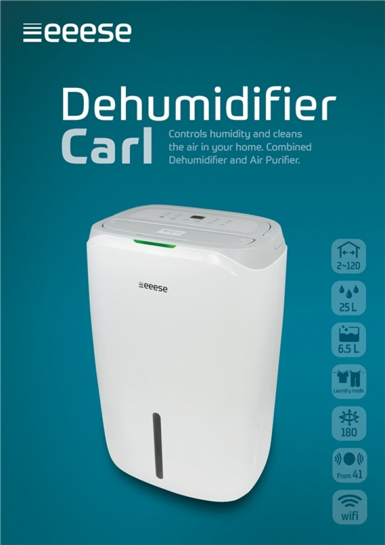 Carl - Avfuktare och luftrenare H11 HEPA-filter, 120m2, Wifi, 46 dB, timer, 2 hastigheter Carl - Avfuktare och luftrenare H11 HEPA-filter, 120m2, Wifi, 46 dB, timer, 2 hastigheter